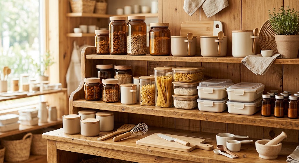 Kitchen storage and food-keeping goods on wooden shelves